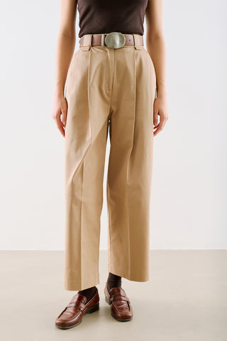 Pleated Gabardine Straight Leg Trousers Camel