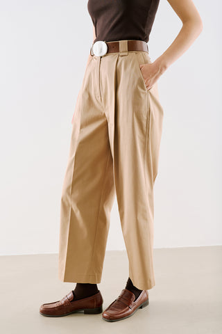 Pleated Gabardine Straight Leg Trousers Camel
