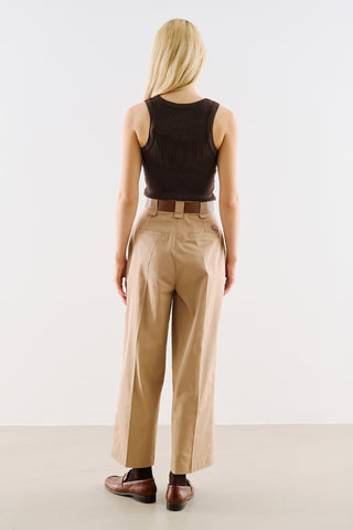Pleated Gabardine Straight Leg Trousers Camel