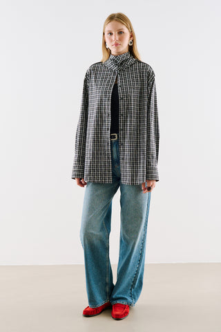 Scarf Tie Neck Shirt Black Plaid