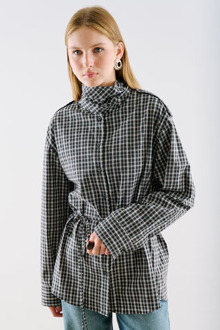 Scarf Tie Neck Shirt Black Plaid