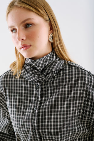 Scarf Tie Neck Shirt Black Plaid