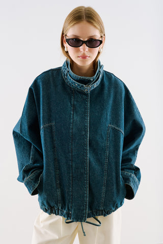 High-Neck Belted Denim Jacket Dark Blue