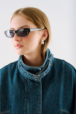 High-Neck Belted Denim Jacket Dark Blue