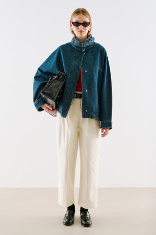 High-Neck Belted Denim Jacket Dark Blue
