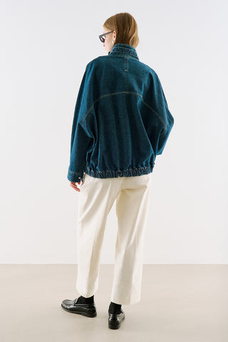 High-Neck Belted Denim Jacket Dark Blue