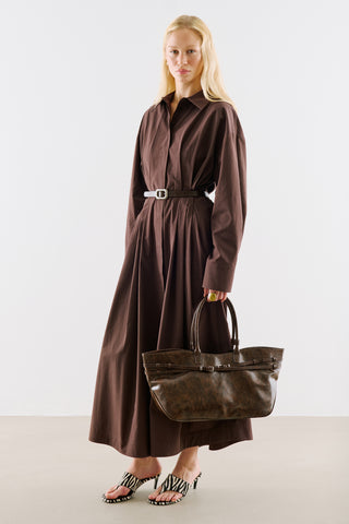 Pleated Waist Shirt Dress Dark Brown
