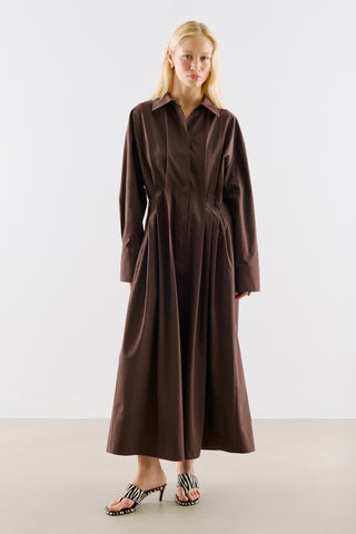 Pleated Waist Shirt Dress Dark Brown
