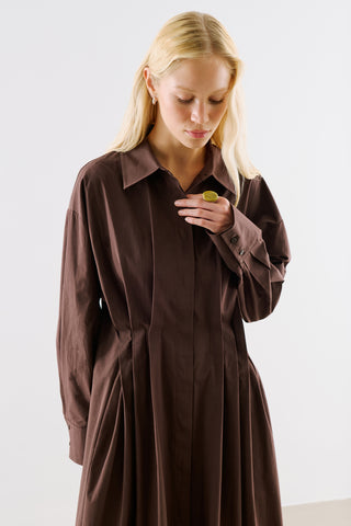 Pleated Waist Shirt Dress Dark Brown