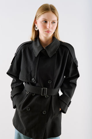 North Belted Double Breasted Trench Coat Black