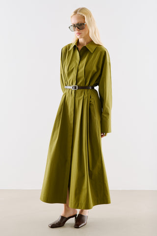 Pleated Waist Shirt Dress Olive Green
