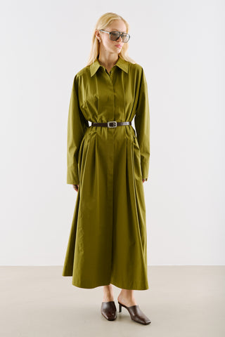 Pleated Waist Shirt Dress Olive Green