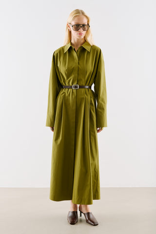 Pleated Waist Shirt Dress Olive Green