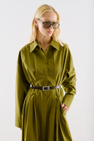 Pleated Waist Shirt Dress Olive Green
