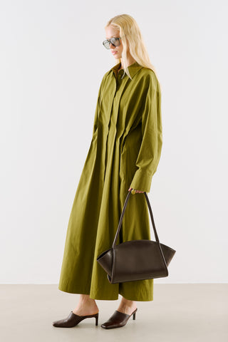 Pleated Waist Shirt Dress Olive Green