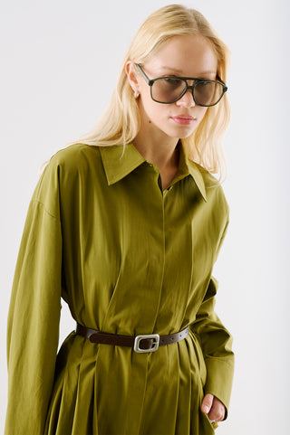 Pleated Waist Shirt Dress Olive Green