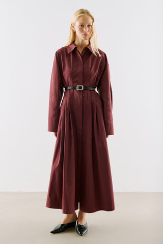 Pleated Waist Shirt Dress Burgundy