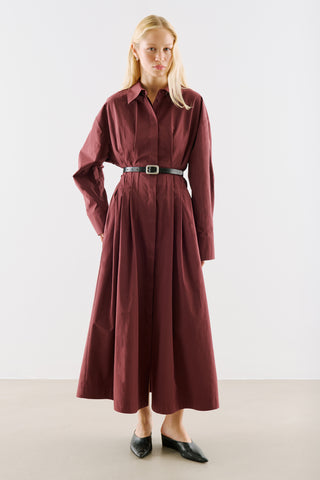 Pleated Waist Shirt Dress Burgundy