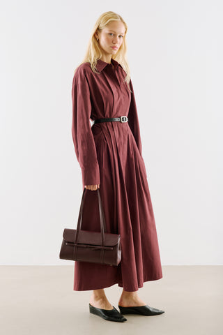 Pleated Waist Shirt Dress Burgundy