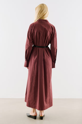Pleated Waist Shirt Dress Burgundy
