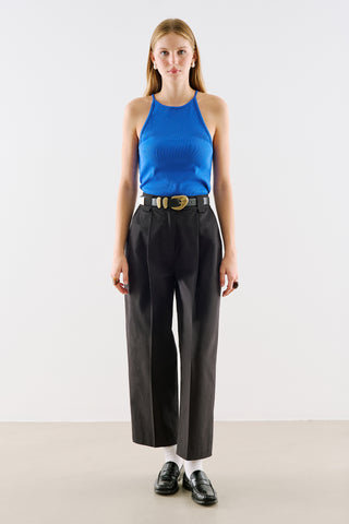 Pleated Gabardine Straight Leg Trousers Black