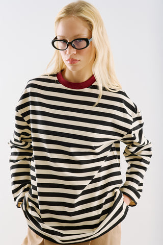 Striped Long Sleeve T Shirt With Contrast Collar Black