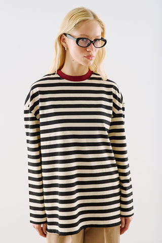 Striped Long Sleeve T Shirt With Contrast Collar Black