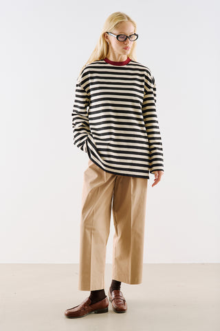 Striped Long Sleeve T Shirt With Contrast Collar Black