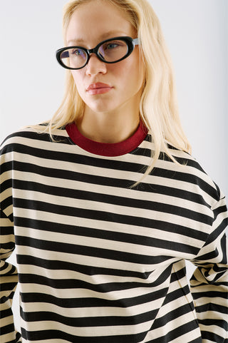 Striped Long Sleeve T Shirt With Contrast Collar Black