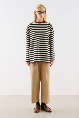 Striped Long Sleeve T Shirt With Contrast Collar Black