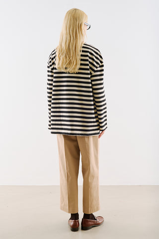Striped Long Sleeve T Shirt With Contrast Collar Black