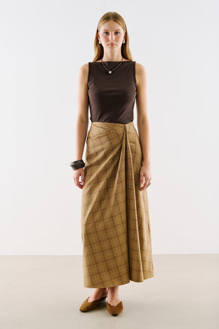 Draped Pleated Waist Skirt Camel