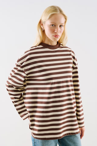 Striped Long Sleeve T Shirt With Contrast Collar Brown