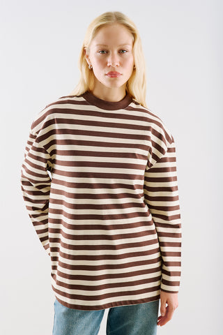 Striped Long Sleeve T Shirt With Contrast Collar Brown
