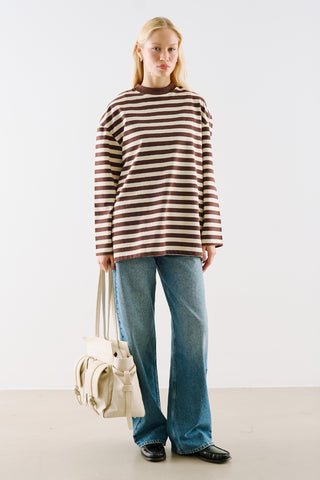 Striped Long Sleeve T Shirt With Contrast Collar Brown