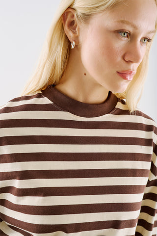 Striped Long Sleeve T Shirt With Contrast Collar Brown