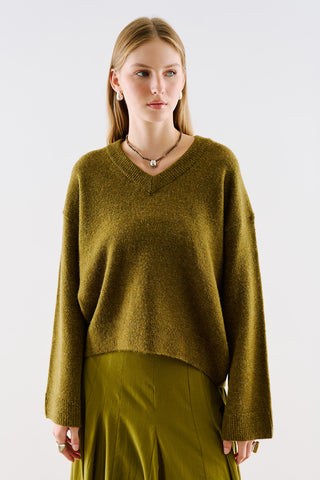 Cropped V-Neck Knit Sweater Green