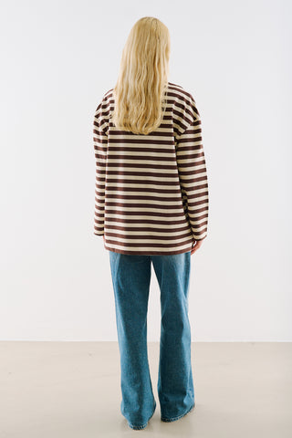Striped Long Sleeve T Shirt With Contrast Collar Brown