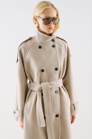 Premium High Neck Double Breasted Coat Stone