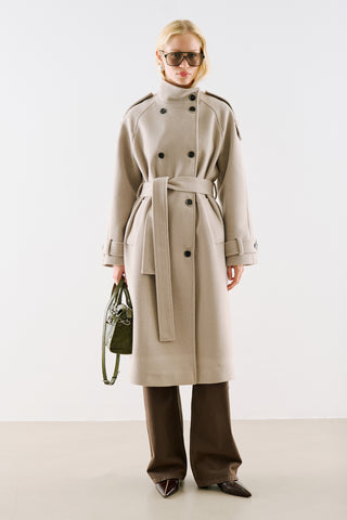 Premium High Neck Double Breasted Coat Stone