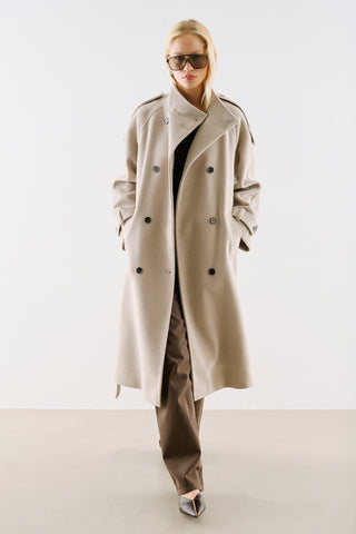 Premium High Neck Double Breasted Coat Stone