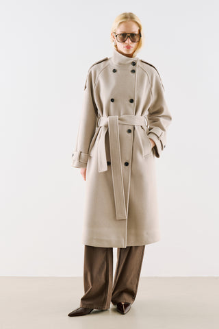 Premium High Neck Double Breasted Coat Stone