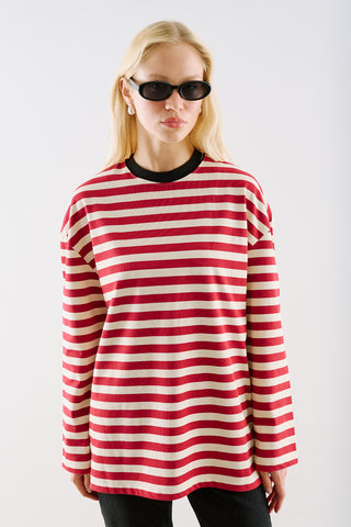 Striped Long Sleeve T Shirt With Contrast Collar Red