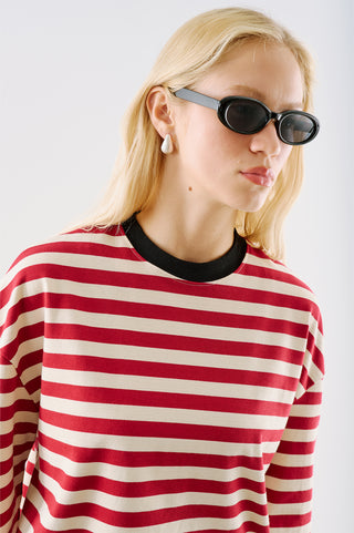 Striped Long Sleeve T Shirt With Contrast Collar Red