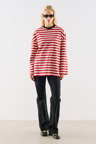 Striped Long Sleeve T Shirt With Contrast Collar Red