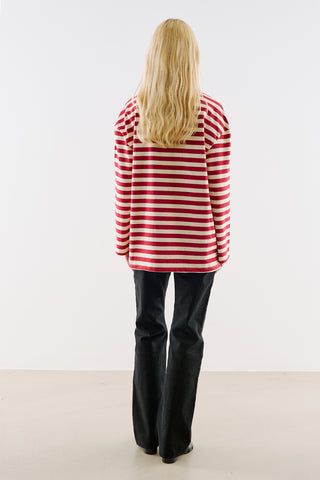 Striped Long Sleeve T Shirt With Contrast Collar Red
