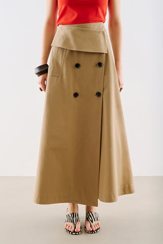 Wrap Front Buttoned Skirt Camel