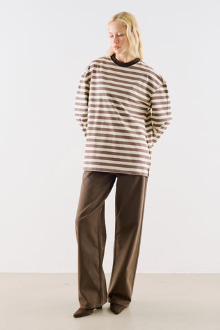Striped Long Sleeve T Shirt With Contrast Collar Mink