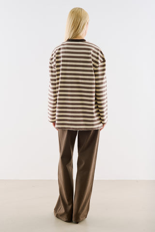 Striped Long Sleeve T Shirt With Contrast Collar Mink