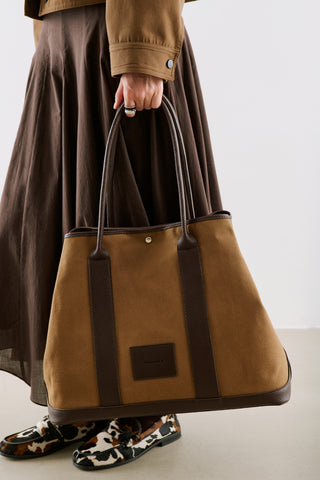 Xl Canvas Tote Bag With Leather Handles Camel